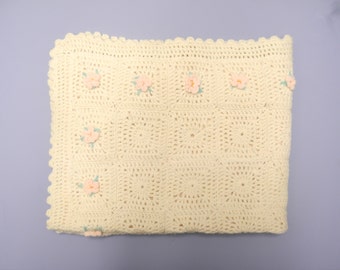 Vintage Baby Blanket, 1940's Hand Knit Cream and Pink Baby Blanket, New Mom Gift, Vintage Baby Receiving Blanket