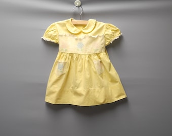 Vintage Baby Clothes, 1950's Yellow and White Lace Baby Girl Dress, Vintage Baby Dress, Yellow Baby Dress, Size 9 - 12 Months