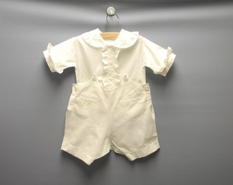 Vintage 1920s Handmade White Cotton Two-Piece Baby Romper - Size 3T