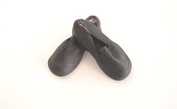 Vintage Baby Shoes, 1920's Rare Black Rubber Good… - image 1