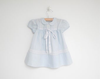 Vintage Baby Clothes | 1950's Kate Greenaway Pale Blue and White Baby Dress | Vintage Baby Dress | Size 9 Months
