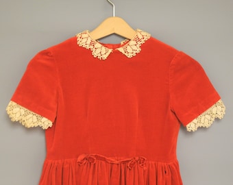 Vintage Girls Dress | 1950's Handmade Red Velvet Girl's Dress | Vintage Girl's Velvet Dress | Size 6 - 7