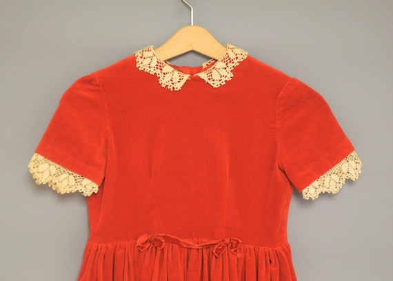 Vintage 1950s Girl's Red Velvet Dress, Handmade, Lace Collar, Full Skirt - Size 5