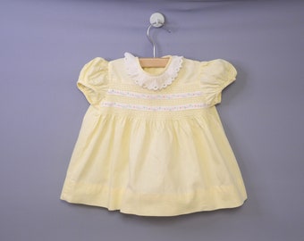Vintage 1950s Yellow & White Baby Dress, Cotton, Smocking, Lace Trim - Size 3-6
