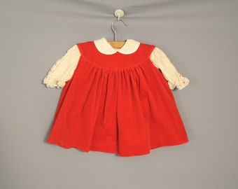 Vintage Baby Clothing | 1970's Saks Fifth Avenue Red Velvet and Cream Baby Dress | 1970s Baby Dress | Vintage Baby Dress | Size 6 - 9 Months