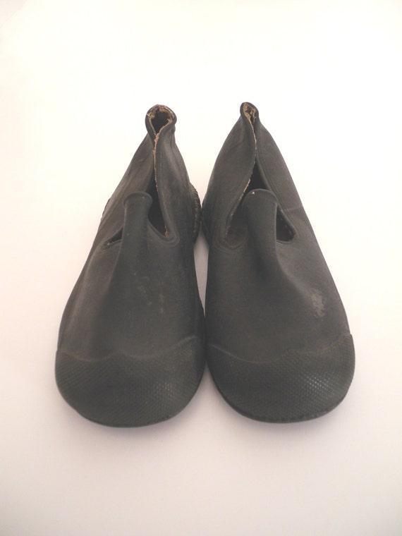 Vintage Baby Shoes, 1920's Rare Black Rubber Good… - image 2