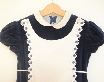 Vintage Girls Clothes | 1970's Navy Blue and White Velvet and Cotton Saks Fifth Avenue Dress | Vintage Girl's Dress | Size 4 - 5