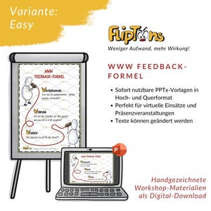May include: A digital download set titled FlipToons featuring the WWW Feedback-Formel. It includes a flipchart illustration and a laptop screen displaying the same graphic with stick figures, red connecting lines, and German text.