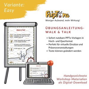 May include: A digital workshop resource titled FlipToons featuring a flip chart and a laptop displaying Walk & Talk exercise templates. The graphic includes cartoon figures, a timer icon, and German text describing editable PowerPoint presentation slides.