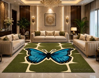 Blue Butterfly Hand Tufted Wool Area Rug | Modern Green Geometric Living Room Carpet | Custom Handmade Rug custom size available any colour