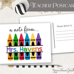 May include: A white postcard with a colorful crayon design. The text "a note from... Mrs. Havens" is printed on the front. The back of the postcard has a space for a message and the address.