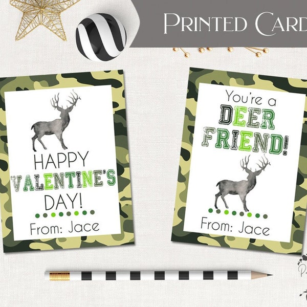 Camo Deer Valentines PRINTED CARDS - School Valentine, Classroom Valentine, Kids Valentines - Printed Valentine Cards