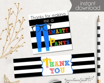 Smarty Pants Teacher Thank You Tags – Printable Water Bottle Labels (Instant Download)