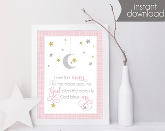 Nursery Art - I See the Moon Printable Art (Pink) - God Bless Me Baby Wall Art, Quote, Wall Art, Christian Art - Instant Download