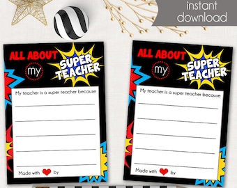 All About My Super Teacher - Printable - Teacher Gift - School Printable - Teacher Appreciation - Instant Download