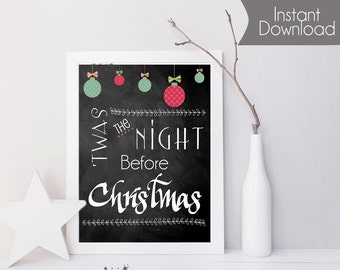 Christmas Art - Twas the Night Before Christmas Chalkboard Art Print - Holiday Art, Wall Decor, Christmas Printable Sign- Instant Download