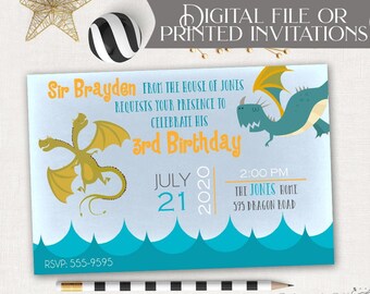 Dragon Birthday Invitation - Boy Birthday Party - Knight Printable Invitation - Printed Invitations