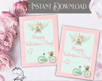 Paris Valentines INSTANT DOWNLOAD - School Valentine, Classroom Valentine, Kids Valentines - Printable Valentine Cards