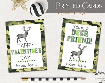 Camo Deer Valentines PRINTED CARDS - School Valentine, Classroom Valentine, Kids Valentines - Printed Valentine Cards