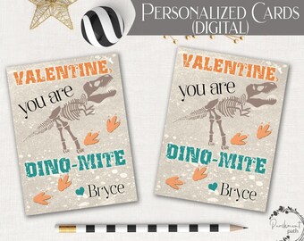 Dinosaur Valentines PERSONALIZED Digital - School Valentine, Classroom Valentine, Kids Valentines - Printable Valentine Cards