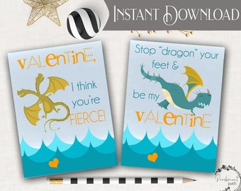 Dragon Valentines INSTANT DOWNLOAD - School Valentine, Classroom Valentine, Kids Valentines - Printable Valentine Cards