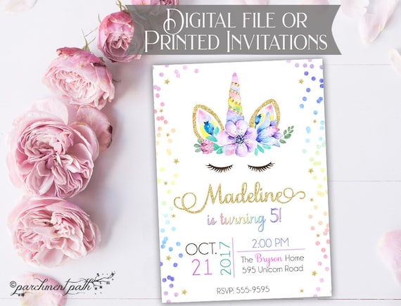 Unicorn Birthday Invitation - Unicorn Party - Rainbow Invitation - Printable or Printed Invitations Il_570xn