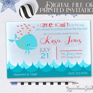 May include: A blue whale with red birds and a string of red hearts hanging from its mouth. The text on the invitation reads "A Little sQuilt is on his way... Let's shower his mommy before the big day! Join us for a baby shower honoring Kasie Jones July 21 2:00 PM The Jones Home 595 Whale Road Registered at Target RSVP: 555-9595"