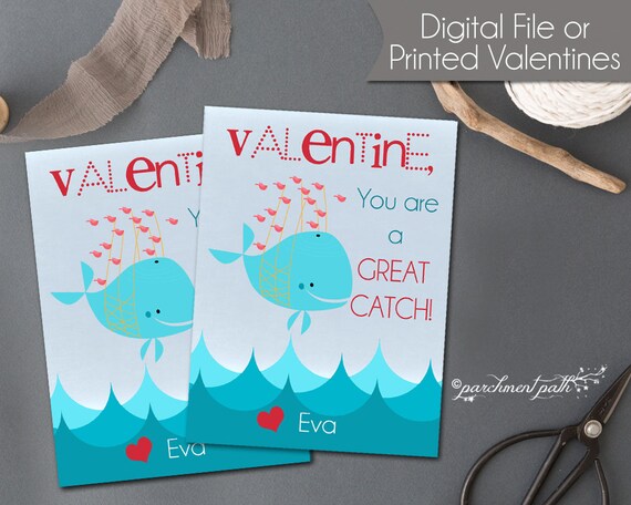 Whale Valentines - Great Catch Valentine Cards - Fish Valentines - Classroom Valentines - Printable Valentines - Printed Valentines Il_570xn