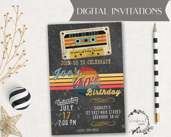 Retro Birthday Invitation - 80s Birthday Party - 30th, 40th, 50th, 60th Birthday Printable Invitations, Digital File Il_570xn