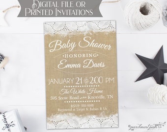 Burlap and Lace Baby Shower Invitation - Gender Neutral - Gender Reveal -  Printable or Printed Invitations