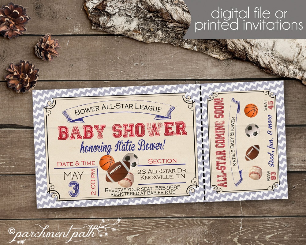 Vintage Sports All-Star Baby Shower Invitation - Personalized Invite -  Printable - Basketball - Soccer - Baseball - Football, image size:1000x800
