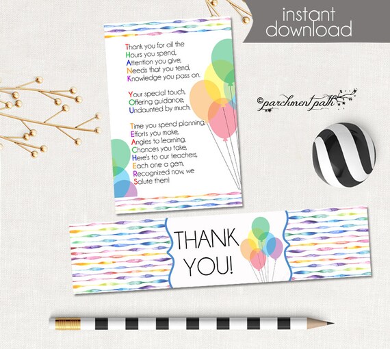 Teacher Gift - Thank You Teacher Favor Tags and Water Bottle Labels - Teacher Appreciation - End of the Year Printable - Instant Download Il_570xn