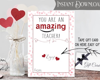 May include: Printable gift card holder with a pink background and white polka dots. The text reads "You are an amazing teacher!" with a space to write "From:" and a space to tape a gift card. The text "Enjoy!" is written in cursive with two hearts.