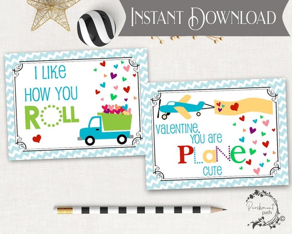Airplane Truck Valentines INSTANT DOWNLOAD - School Valentine, Classroom Valentine, Kids Valentines - Printable Valentine Cards Il_570xn