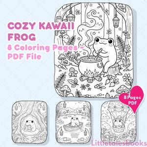 May include: Black and white digital coloring pages featuring a cute frog theme. The main image shows a frog stirring a cauldron in a forest setting. Includes the text "COZY KAWAII FROG 8 Coloring Pages - PDF File".