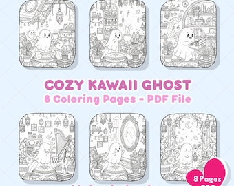 May include: Eight black and white coloring pages featuring a cute ghost in different cozy scenes. The text "COZY KAWAII GHOST" and "8 Coloring Pages - PDF File" are displayed. The image also includes the text "Littletalesbooks".