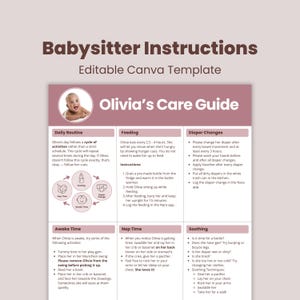 Babysitter Instructions Printable | Nanny Info Sheet | Child Information Sheet | Emergency Contact | Editable Canva Template