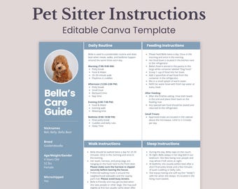 Op de afbeelding: Een sjabloon voor een huisdierverzorgingsgids met de titel "Pet Sitter Instructions" en een foto van een Goldendoodle. De gids bevat dagelijkse routines, voedingsinstructies, wandelinstructies, slaapinstructies en een lijst met voorkeuren en afkeuren.