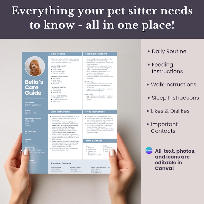 Pet Sitter Instructions Template, Editable Canva, Dog Care Planner ...