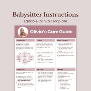 以下が含まれることがあります： 「Olivia's Care Guide」と題された、赤ちゃんの写真付きの印刷可能なベビーシッター向け説明書。毎日のルーティン、授乳、おむつ交換、起きている時間、お昼寝、なだめるテクニックに関するセクションが含まれています。テンプレートは編集可能です。