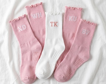 Custom Embroidered Ruffle Pilates Socks, Non-Slip Grip, Women's Studio Workout Gear, Bachelorette/Weeding Gifts