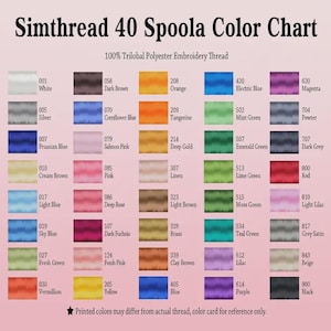 May include: Simthread 40 Spoola Color Chart featuring 40 thread colors. The chart displays a variety of colors, including white, silver, orange, blue, and purple. The text reads "100% Trilobal Polyester Embroidery Thread."