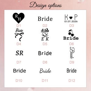 May include: A selection of design options for a wedding-themed product. The designs include the word "Bride" in various fonts, along with other symbols such as a heart, a rose, and cherries. The text "Design options" is at the top.