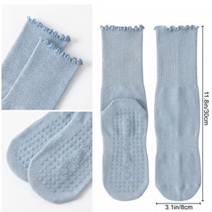 May include: Light blue socks with a ruffled top edge. The socks are 11.8 inches (30cm) long and 3.1 inches (8cm) wide. The soles have a non-slip grip pattern. The socks are made of a soft, textured material.