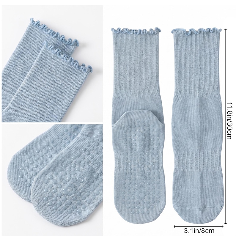 May include: Light blue socks with a ruffled top edge. The socks are 11.8 inches (30cm) long and 3.1 inches (8cm) wide. The soles have a non-slip grip pattern. The socks are made of a soft, textured material.