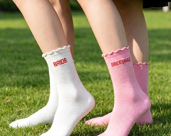 Custom Embroidered Ruffle Pilates Socks, Personalized Grip Socks for Women, Bachelorette Wedding Favors