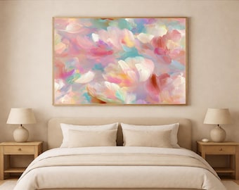 Pastelbloemen abstracte kunst aan de muur, zachte blush penseelstreek Art Print, minimale moderne slaapkamer decor, rustgevende pastel kunstwerken, afdrukbare digitale