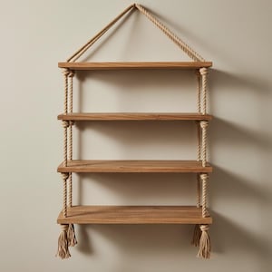 Wisząca półka ścienna w stylu boho, 3-poziomowa półka z drewnianej liny, rustykalna wisząca półka, regał ścienny w stylu makramy, wystrój domu w stylu boho
