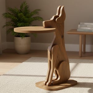 May include: A wooden side table in the shape of a dog. The table has a round top and a base, with the dog's silhouette forming the support structure. The wood has a natural finish.