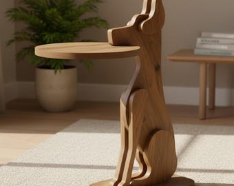 Dog Side Table Wooden Tray Stand, Modern Animal Shaped End Table for Living Room, Unique Dog Lover Furniture Decor
